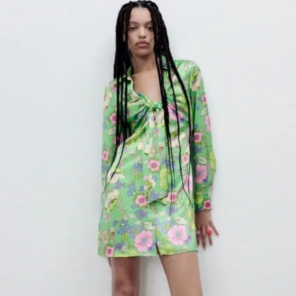 ZARA Green Floral Satin Effect Mini Long Sleeve Dress size Small